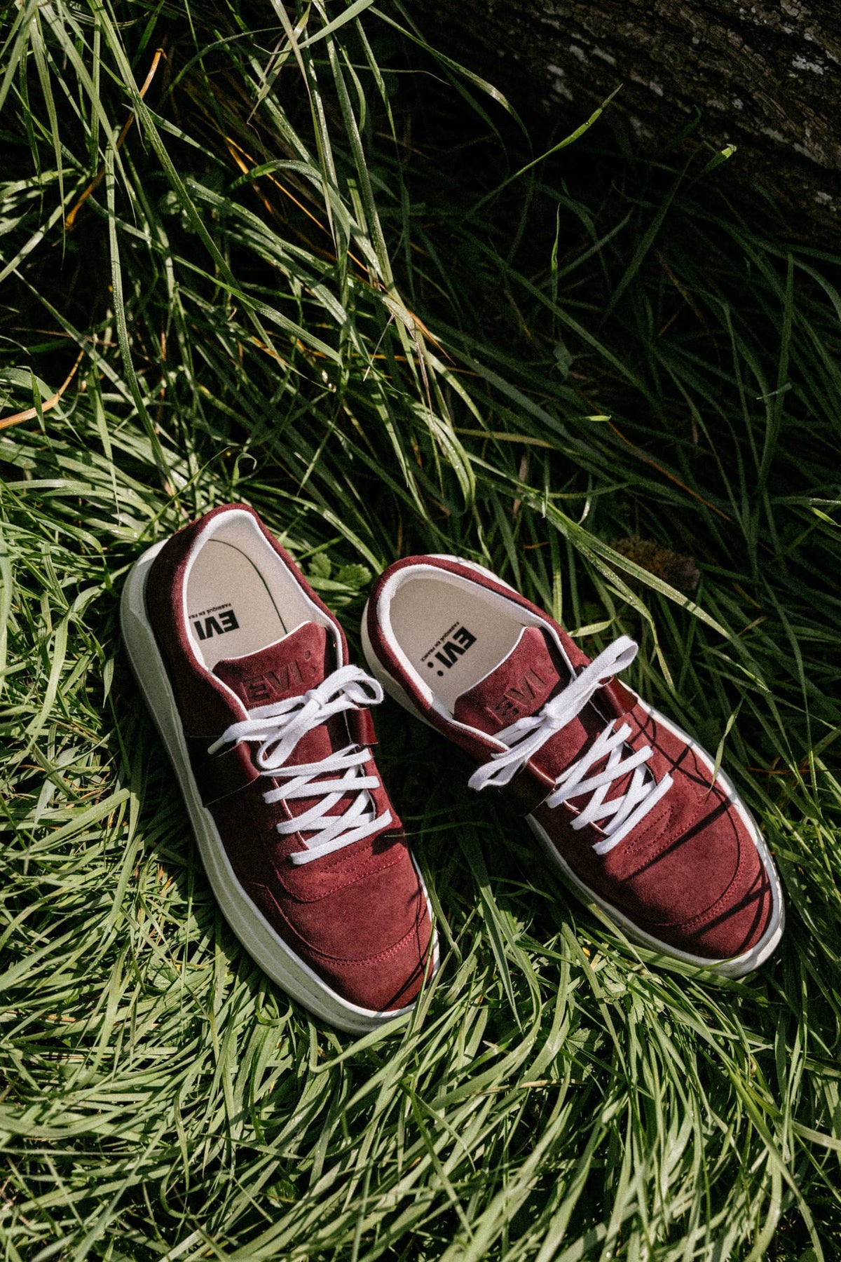 EVI G025 Lie de Vin – new arrival, burgundy suede Made in France sneaker placed in the grass