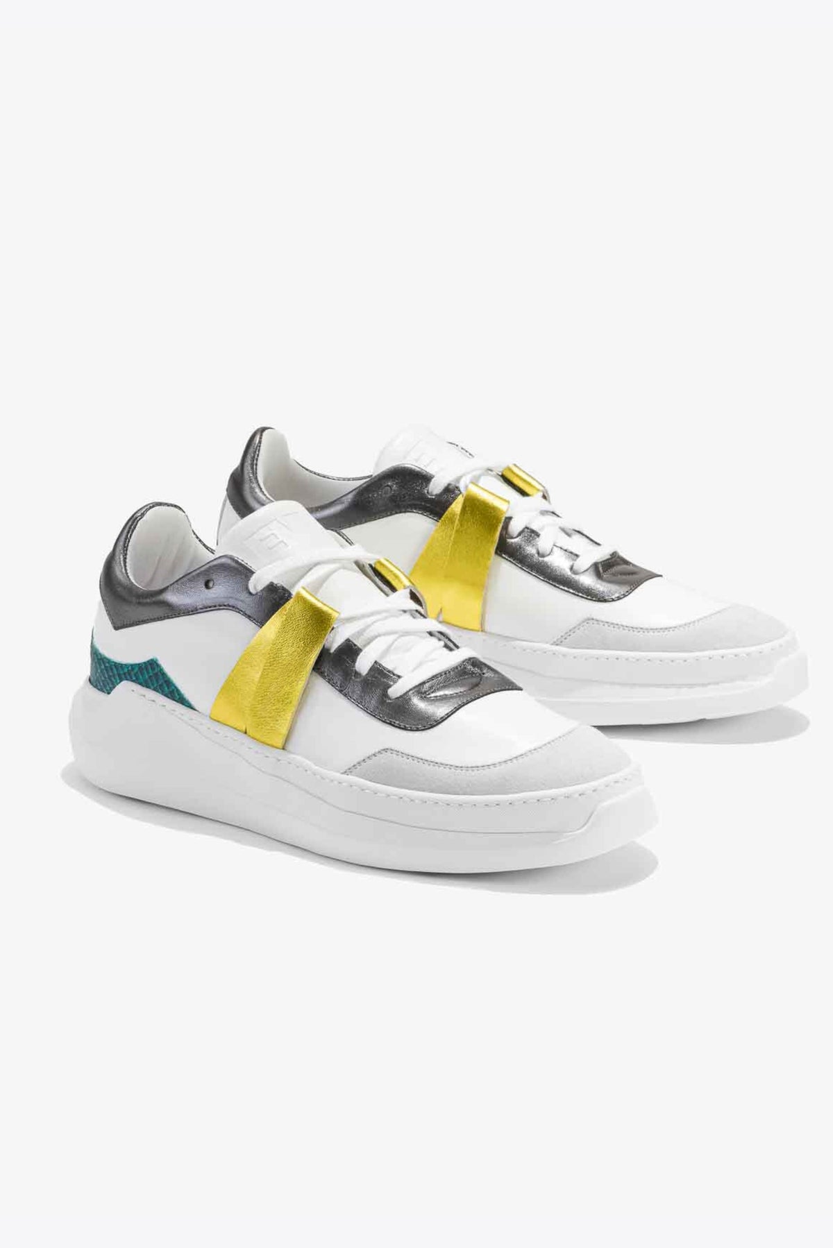 EVI G225 Émeraude – sneaker blanche en cuir Made in France, talon vert dégradé